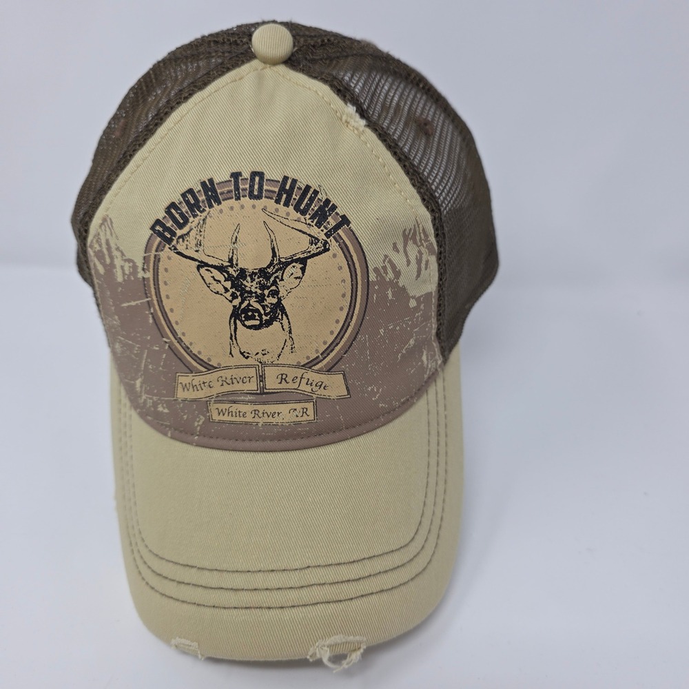 White River Refuge Trucker Hat OS Born To Hunt Deer Graphic Distressed Tan Brown